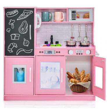 Imagem de Cozinha Infantil em Madeira com Quadro Negro, Telefone, Micro-ondas, Máquina de Fazer Gelo, Máquina de Lavar Louça e Forno, Costzon, Rosa