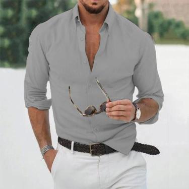 Imagem de Camisa Casual Masculina De Algodão E Linho De Manga Longa, Corte Solto