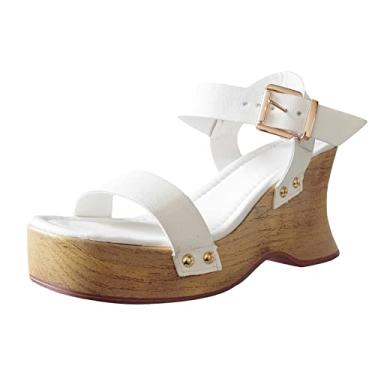Imagem de Sandálias femininas de verão com fivela sólida casual bico aberto anabela confortável sapatos de praia femininos ultra confortáveis 3 sandálias tanga (branco, 7)