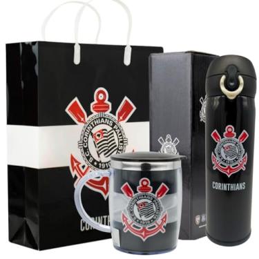 Imagem de Garrafa Squeeze Térmica Caneca Copo Térmico Corinthians Sacola Presente Kit Oficial