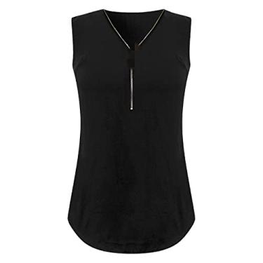 Imagem de AteecO Camisetas femininas casuais sem mangas soltas botão cor roupas femininas de verã...