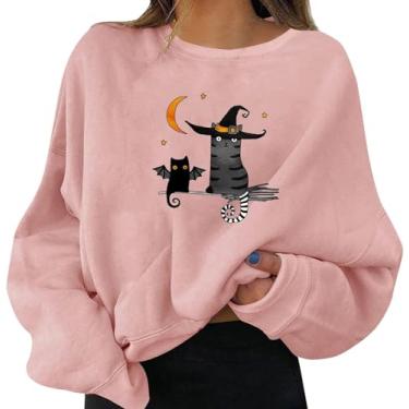 Imagem de Moletom feminino com estampa de Halloween, gola redonda, pulôver, tops, camisas casuais de manga comprida, blusa solta/386 (Color : A08-pink, Size : Large)