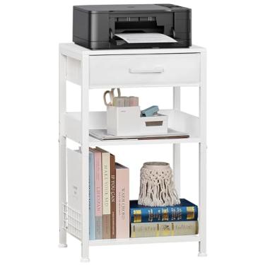 Imagem de Lerliuo Suporte de impressora branco com gaveta de tecido, mesa lateral industrial de 3 níveis, suporte de mesa de impressora pequeno moderno com prateleira de armazenamento, mesas de cabeceira