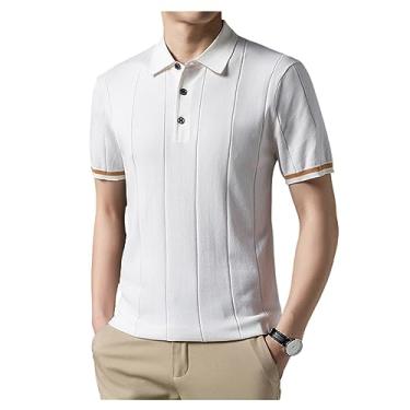 Imagem de Camisa polo masculina de seda gelo lapela manga curta botão malha camiseta absorção de umidade, Branco, XXG