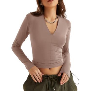 Imagem de LOMON Camisetas femininas com gola V profunda e gola V Y2K, manga comprida, sexy, para sair, Cinza marrom-rosa, M