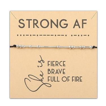 Imagem de PLITI Pulseira de código Morse AF forte presente feminino empoderamento She Is Fierce Strong Brave Full Of Fire presente feminista, Medium, Aço inoxidável, Sem pedras preciosas