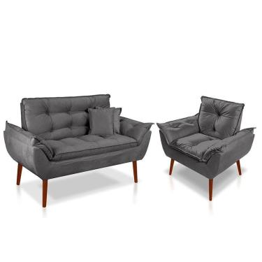 Imagem de Kit 01 Poltrona Opala + 01 Namoradeira Opala + 02 Almofadas Suede Cinza Escuro