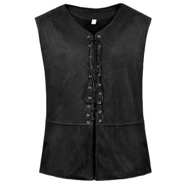 Imagem de mogenda Colete masculino de pirata renascentista, fantasia masculina medieval de Halloween gótico steampunk, Preto, M