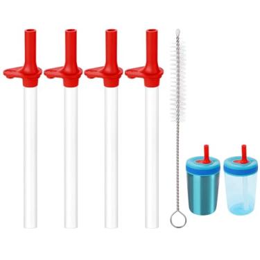 Imagem de 4 canudos de substituição com válvula de mordida para Zak Designs Kelso 425 g, com 1 escova de limpeza reutilizável para canudos de substituição de copo infantil para Zak, sem BPA (vermelho)