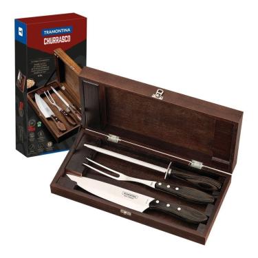 Imagem de Kit Para Churrasco Tramontina Em Aço Inox Com Cabo Castanho Polywood Com Estojo Em Madeira 4 Peças