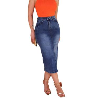 Imagem de Saia Jeans Feminina Midi Longa Cintura Alta Com Elastano