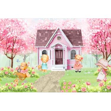 Imagem de Painel de lona Casinha de Bonecas Cute Jardim Aquarela Flores Cerejeir