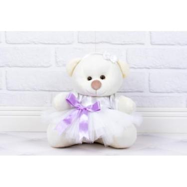 Imagem de Urso de Pelúcia Tedde 12 cm, Daminha Cetim Branco (PELUCIA PALHA - DETALHE - LILAS)