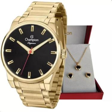 Imagem de Relógio Champion Feminino Dourado Visor Preto CN27590U + Kit Semi Joia