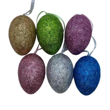 Imagem de Ovinhos de Páscoa Coloridos com Glitter para Pendurar - 6cm - 6 unidad
