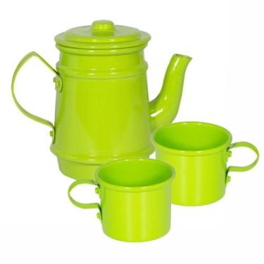 Imagem de Kit Bule 400ml + 2 Xícaras 100ml Pintados Em Alumínio Verde Claro - Al