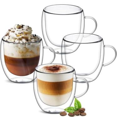 Imagem de Kit 4 xicara de café de vidro transparente conjunto de xícaras de cha de vidro isolado de parede dupla com alça 250 ml para café expresso latte