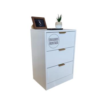 Imagem de Mesa De Cabeceira Branca 50cm com 3 Gavetas Para Quarto Lateral de Cama e Escritório Gaveteiro Organizador Já Montado (Sem Rodinhas, Puxador Dourado)