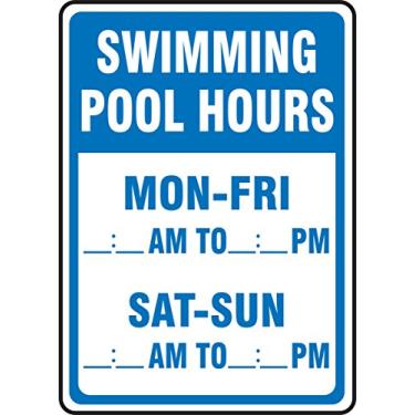 Imagem de Accuform Placa adesiva Dura-Vinil MADM438XV, Legend "Swimming Pool Hours - MON-FRI__:__AM to__:__PM - SAT-Sun", 35,5 cm Comprimento x 25,4 cm Largura x 0,01 cm de espessura, azul sobre branco