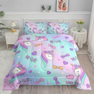 Imagem de Axolotl Conjunto de edredom casal com desenho animado de unicórnio, com laço, arco-íris, roxo, rosa, coração, unicórnio fofo, 1 edredom e 2 fronhas, todas as estações