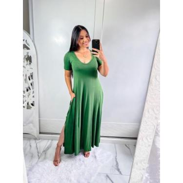 Imagem de vestido gola V com bolço e fenda lateral - MK Modas, Verde, GG
