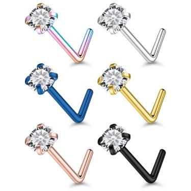 Imagem de Qiwnswoy Anéis de nariz de titânio de aço inoxidável 18G, 20G, 22G, para mulheres, em forma de L, sem piercing de nariz, joia para mulheres e homens, prata, ouro, preto, Metal Cristal, Zircônia cúbica