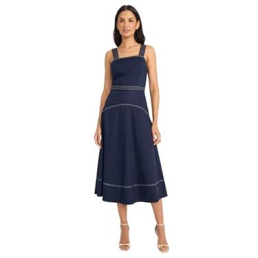 Imagem de Maggy London Vestido feminino midi de gola quadrada com costura contrastante corpete com costura evasê formal para convidados de casamento, Blazer azul-marinho, 38