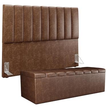 Imagem de Kit Cabeceira Cama Box Casal King 195cm Com Calçadeira Baú Dália W01 Couríssimo Marrom - Lyam