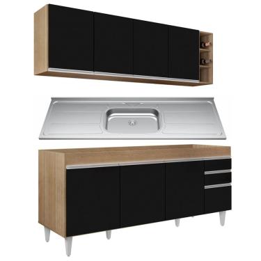 Imagem de Armário Aéreo E Balcão Gabinete 180cm Com Pia Castanho/preto