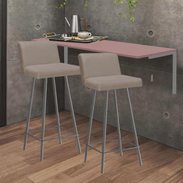 Imagem de Kit Mesa Suspensa de Parede Fixa mdf Rosa + 2 Banquetas Lexi Ferro Cinza Sintético Bege - Ahazzo Móveis