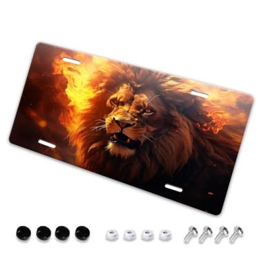 Imagem de Linda capa de placa de licença com padrão criativo de leão juba dourada - etiqueta de carro artística de alumínio, à prova de ferrugem, design exclusivo - 15 x 30 cm