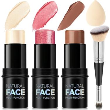 Imagem de Kit de maquiagem em bastão de contorno creme, tons com iluminador, blush e bastão de contorno de bronzeador para esculpir as bochechas, de longa duração, à prova d'água, acabamento fosco e úmido leve