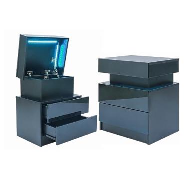 Imagem de Conjunto de 2 criado-mudo de LED, mesa de cabeceira preta com gavetas de alto brilho, mesa de cabeceira minimalista moderna com 2 gavetas e espaço de armazenamento oculto dobrável para quarto preto