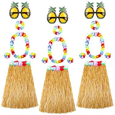 Imagem de ADXCO 18 peças saia de grama havaiana Luau abacaxi óculos havaianos Leis Aloha decoração de festa tropical marrom Hula saia para festas de verão na praia, celebrações