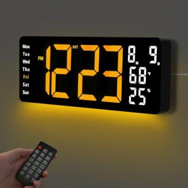 Imagem de Relógio de parede digital de 44,5 cm, visor de LED com hora, data, mês, temperatura e umidade, controle remoto DST, alarme, temporizador, brilho de 10 níveis, luz noturna para decoração de casa, sala