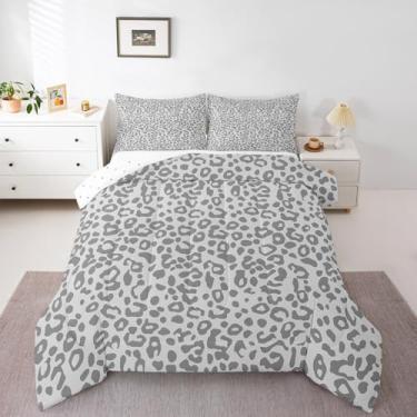 Imagem de Feelyou Conjunto de edredom de leopardo, cinza, tamanho casal, para crianças, meninos, meninas, simples, moderno, estampa animal, respirável, macio, leve, microfibra para decoração de quarto