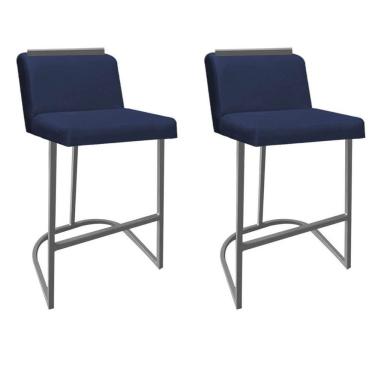 Imagem de Kit 02 Banquetas Com Encosto Confort Bistrô Cozinha Ferro Cinza Suede Azul Marinho Amey Decor