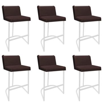 Imagem de Kit 06 Banquetas Com Encosto Confort Bistrô Cozinha Ferro Branco Suede Marrom Amey Decor