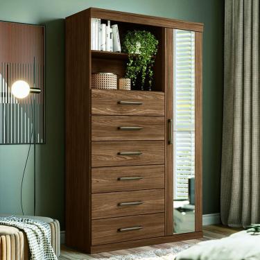 Imagem de Cômoda Multiuso 1 Porta 6 Gavetas Com Espelho Marabá Santos Andirá Jatoba