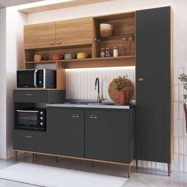 Imagem de Cozinha Compacta Completa 6 Portas 1 Gaveta Espaço Forno E Microondas E Paneleiro Karina Marrom-cinza