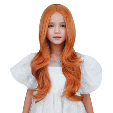 Imagem de Edivd Peruca Ruiva Para Crianças, Meninas, Longa, Laranja, Ondulada, Cacheada, Infantil, Parte Inferior, Sintética Resistente Ao Calor Com Touca