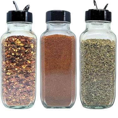 Imagem de JARMING COLLECTIONS Frascos de vidro para temperos com tampas de coqueteleira – Frascos de especiarias de 236 ml para armazenamento de alimentos, recipientes de especiarias para organização e armazenamento de cozinha, frascos organizadores de vidro (quadrado francês de 236 ml, preto x 3)