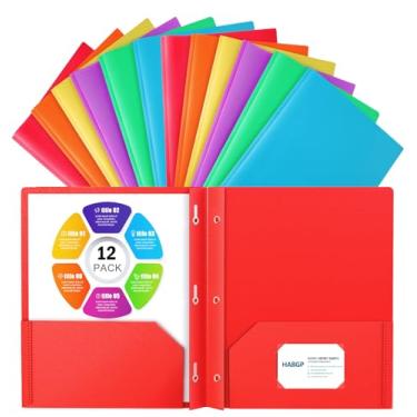 Imagem de HABGP 12 pastas com bolsos e pontas, 2 pastas de 3 pinos com suporte para cartão de visita, pastas de arquivo de plástico resistente para documentos, material escolar, escritório, 12 unidades, 6 cores