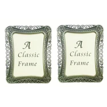 Imagem de Pofectsty Pacote com 2 mini porta-retratos vintage de metal, moldura pequena retrô de 5 x 7 cm em formas redondas retangulares ovais de coração (retângulo, prata retrô, 5 x 7)