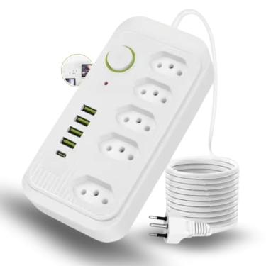 Imagem de Extensão Filtro de Linha Régua Tomada - Régua de Energia Com 5 Tomadas, 4 Entradas USB, 1 Porta USB Tipo-C, Cabo de Alimentação de 2 metros,Bivolt 110-220V, 2500W Proteção Contra Sobrecarga