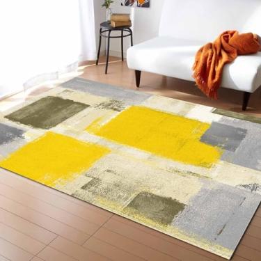 Imagem de Tapetes de área abstrata cinza amarelo antiderrapante lavável 2,7 x 5 pés estilo pintura a óleo geométrico abstrato moderno tapetes de borracha tapete contemporâneo decoração de casa tapete para