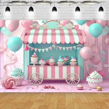 Imagem de Candy Shop Candyland Girl festa de aniversário rosa doce pirulito rosa linda sobremesa loja de doces sorvete meninas aniversário chá de bebê festa fundo mesa suprimentos de sobremesa (2,7 x 1,8 m)