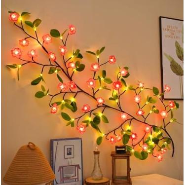 Imagem de RUIDAY 2025 Novas luzes LED de flor de cerejeira para parede com folha, 48 LEDs, ramo de árvore para parede com controle remoto e 8 modos de iluminação, luzes de videira para decoração de flor de