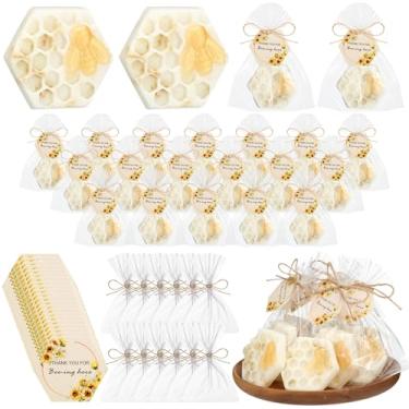 Imagem de Leelosp Conjunto de 24 lembrancinhas de chá de bebê, lembrancinhas de festa de abelhas, sabonetes de favo de mel, presente com cartão de agradecimento, sacos de presente para convidados, decoração de