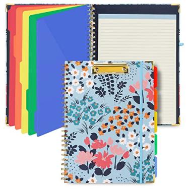 Imagem de Arthivarz Prancheta em espiral com bloco de notas forrado recarregável, 5 pastas extras, 10 bolsos, etiqueta de arquivo, fecho elástico, alça para caneta (azul suave, A4)